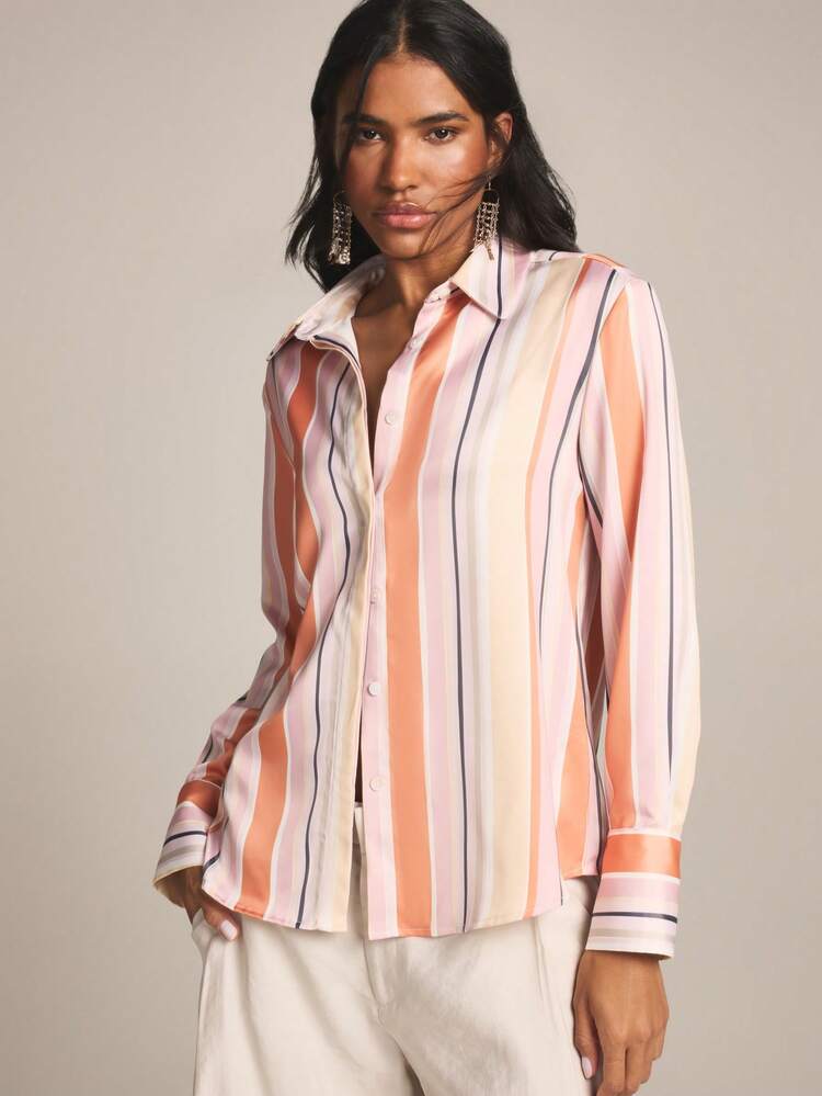 KSTM Women's Satin Striped Button Down Long Sleeve Collared Blouse Professional Office Shirt Spring Summer Workwear