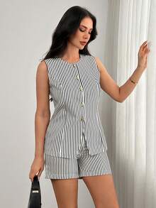 EURMUSE Damen Frühling Sommer Anzug Set, Weste, Shorts, Streifen, Leinenoptik - Verschiedenfarbig - Übersicht 5