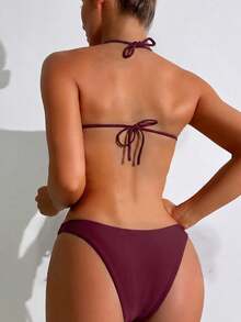Swim Vcay Women's Solid Color Halter Neck Bikini Set - Red Violet - View 2