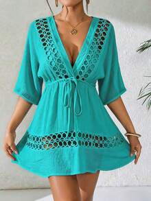 Swim Lushoire Women's Black Deep V-Neck Casual Cover Up, Spring/Summer - Cadet Blue - View 6