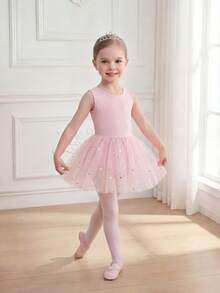 SHEIN Áo liền quần múa ba lê thanh lịch và dễ thương cho bé gái, chất liệu lưới bóng phù hợp cho tập luyện và thi đấu, váy tutu thiết kế nơ xinh xắn khoét lưng, trang phục thể thao. - Hồng - Xem 4