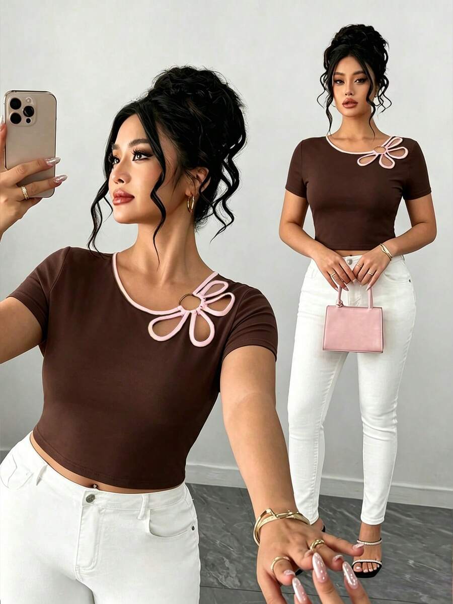 Elenzga Plus Size Women Patchwork Hollow Out Casual Versatile Daily Wear Short Sleeve T-Shirt - Brown - View 1
