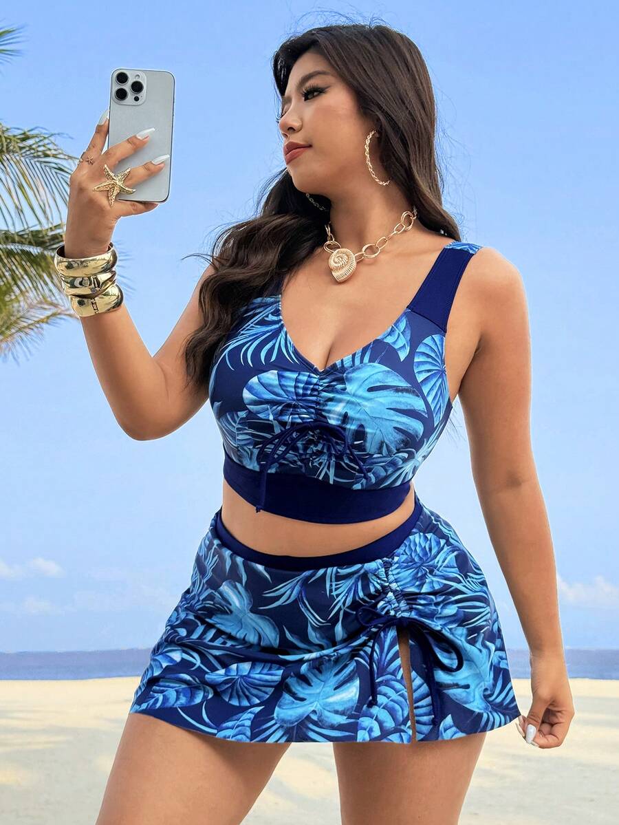 Swim Vcay Plus Size Summer Holiday Beach Party Holiday Plant Print Bikini Set Dark Blue Floral Boho - Blue - View 1
