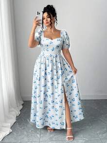 Elenzga Plus Size Women's Petal Sleeve Open Back Flared Dress - Blue and White - View 3