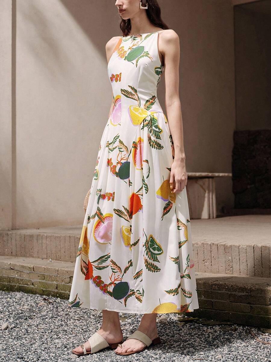 Aveloria Modichic 夏季色彩缤纷的撞色水果蔬菜图案印花开衩长裙,精致浪漫优雅,适合海滩度假、婚礼派对、休闲通勤等多种场合。 - 彩色 - 查看 1