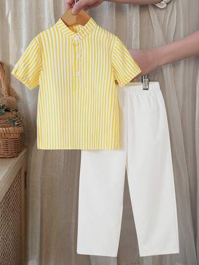 2 piezas Conjunto de niño pequeño estilo caballero - Camisa a rayas con diseño minimalista y pantalones de unicolor simple, adecuado para fiesta de cumpleaños, boda, baile de graduación, invitado de boda, paje, portador de anillos