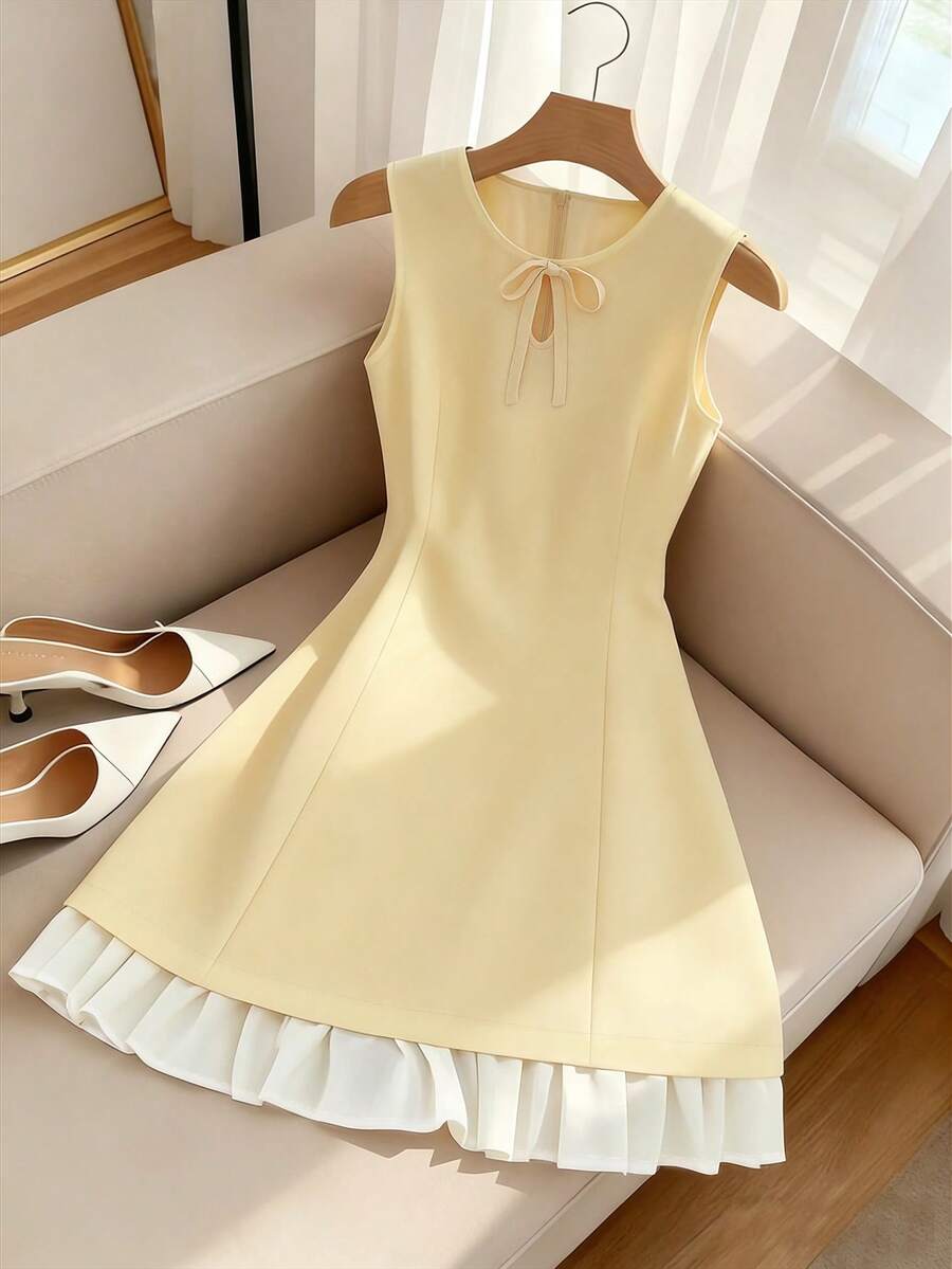 GlowEve Đầm midi dáng chữ A không tay, thắt eo, chất liệu chiffon thủ công, kiểu Pháp thanh lịch, thích hợp cho mùa hè, sinh nhật, lễ tốt nghiệp và các dịp lễ hội. - Màu vàng - Xem 1