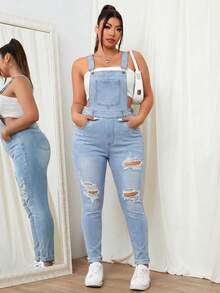 SHEIN EZwear 大码休闲水洗做旧修身牛仔背带裤 - 淺色水洗藍 - 查看 4