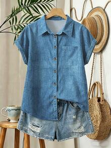 EMERY ROSE Striped Pocket Casual Vacation Front Button Short Sleeve Shirt - Dusty Blue - View 3