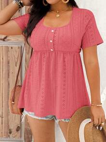 EMERY ROSE Plus Size Women's Solid Color Pleated Casual Versatile Daily Short Sleeve T-Shirt - Coral Pink - View 4
