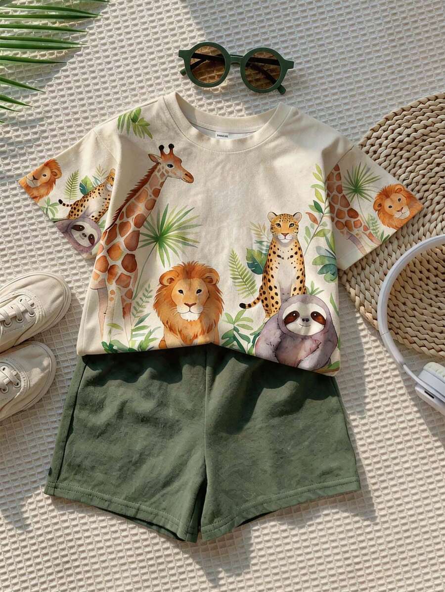 Áo thun bé trai kiểu dáng tối giản, phù hợp cho mùa xuân và mùa hè, thiết kế họa tiết động vật dễ thương cổ điển, hình hươu cao cổ, sư tử, báo, ngựa vằn, hổ, gấu hoạt hình. - Nhiều màu - Xem 1