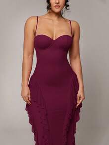 Silquee Deep Purple Summer Elegant Dinner Date Holiday Spaghetti Strap Multi-Layer Ruffle Fishtail Backless Cocktail Dress, Mesh Knit Party Formal Gown - Maroon - View 5