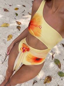Bonvoyette 2pcs/Set Women's Floral Print Spaghetti Strap One Piece Swimsuit With Asymmetric Mesh Skirt, Sexy & Elegant Summer Vacation Outfit Beach Outfits For Woman Skirt Set Summer Skirt Sets Beach Party Outfits Beach Club Outfit - Yellow - View 2