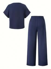 Teen Girls Navy Autumn Casual Family Matching Short Sleeve Crop Top & Pants Set,Soft Loose Design For Daily Outings,Campus Wear,Spring/Summer,Vacation - Navy Blue - View 2
