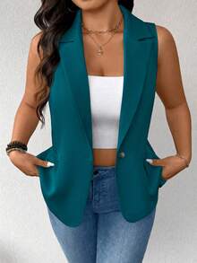 EMERY ROSE Plus Size Women Thin Casual Minimalist Sleeveless Blazer - Dusty Blue - View 3