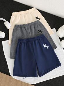 SHEIN 3pcs/Set Young Boy Casual Comfortable Fashionable Simple Soft Shorts With Badge And Waistband Decoration Set,Suitable For Daily Wear,School,Summer - Multicolor - View 4