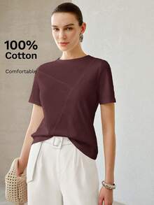 MOTF PREMIUM WOMEN'S SUMMER SOLID COLOR ALL-MATCH VERSATILE ROUND NECK SHORT SLEEVE T-SHIRT - Burgundy - View 4