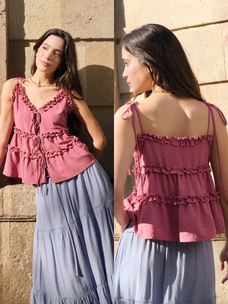 Nöista Áo hai dây xếp tầng thắt nơ phía trước, chất liệu vải nhăn nhẹ, có dây đeo điều chỉnh được và kiểu dáng peplum nhiều tầng tạo vẻ ngoài mùa hè thoải mái. Hoàn hảo cho trang phục mùa hè của nữ, đi nghỉ mát, lễ hội âm nhạc, tiệc bể bơi, kỳ nghỉ, phong cách boho. - Màu đỏ tím - Xem 1