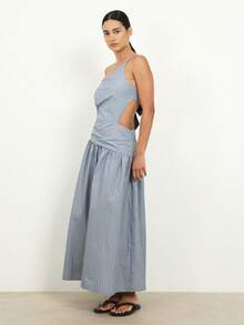Vestido midi asimétrico de un hombro con rayas, con detalle de espalda abierta y cierre con lazo para ocasiones de verano - Azul - Ver 3
