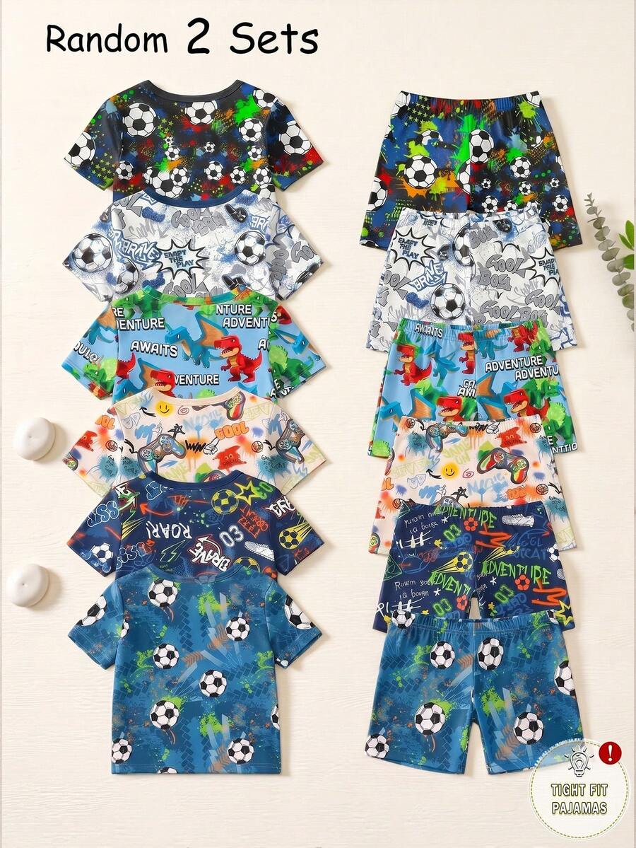 【6件套随机发货,每套2件】男童睡衣,春夏新品,时尚热销,酷炫图案印花,包括积木、恐龙、足球、游戏机等,4件套紧身短袖上衣和短裤,街头风 - 彩色 - 查看 1