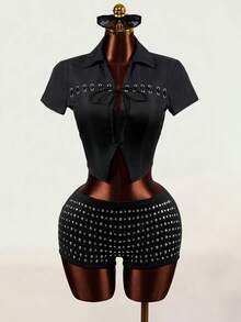 Mistrie Women's Fashion Regular Shoulder Short Sleeve Drawstring Cropped Fitted Blouse - Black - View 3
