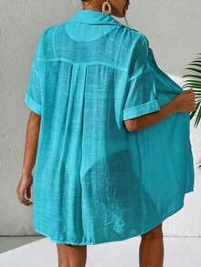 SHEIN Swim Women's Solid Color Minimalist Daily Short Sleeve Kimono Cover Up - Teal Blue - View 2