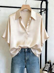 SHEIN Franclia 杏色缎面短袖衬衫，女士夏季款，高端垂坠通勤衬衫，宽松显瘦优雅奢华百搭翻领上衣 - 杏色 - 查看 1