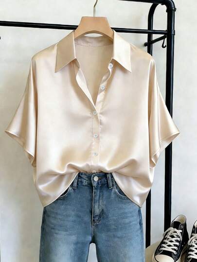SHEIN Franclia 杏色缎面短袖衬衫，女士夏季款，高端垂坠通勤衬衫，宽松显瘦优雅奢华百搭翻领上衣