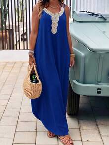 Breezaya Plus Size Women Versatile Slimming Floral Trim Collar Maxi Camisole Dress - Royal Blue - View 4