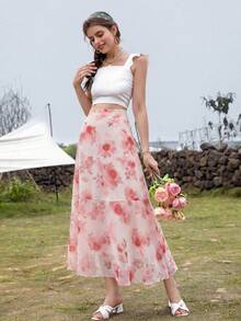 Modelyn Floral Print High Waist Skirt Maxi Women Outfit - Pink - View 3