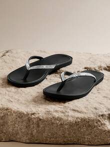 SHUZIA Women's Minimalist Rhinestone Thong Strap Slip-On Flat Sandals - Black - View 5