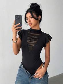 Franclia Áo liền thân gợi cảm và thanh lịch dành cho nữ, cổ chữ V, chất liệu lưới xuyên thấu, tay bồng xếp ly, thích hợp cho mùa hè. - màu đen - Xem 5
