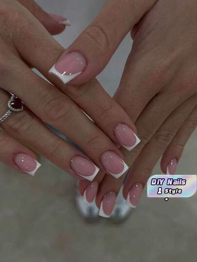 24pcs Medium Square Fake Nails, Nude French Pink White Press On Nails, Acrylic Stick On Tips With Glue & File, Summer Daily Party Gift For Women Girls