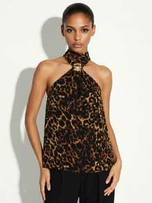 KSTM Leopard Print Halter Top With Metal Ring Detail Sleeveless Backless Blouse For Date Night Party Evening Wear - Multicolor - View 1