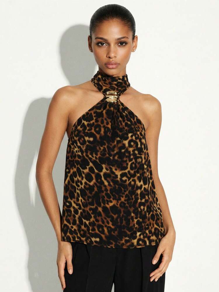 KSTM Top con stampa leopardata, senza maniche, con anello metallico, schiena scoperta, adatto per uscite serali, feste e serate
