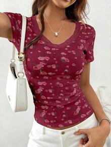 EMERY ROSE Women's Sweet Floral Print Lace Collar Patchwork Cropped T-Shirt - Rusty Rose - View 6