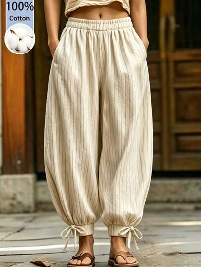 Zayélia Pantalones a rayas de algodón para mujer, pantalones culotte, para vacaciones, negocios, elegantes, casuales, atuendos de oficina, atuendos de verano