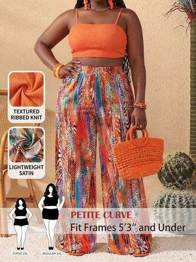 SHEIN PETITE CURVE Bộ đồ 2 món kiểu Bohemian cỡ lớn gồm quần ống rộng và áo hai dây: Quần ống rộng thời trang và thoải mái với cạp chun, phù hợp cho kỳ nghỉ hè, kiểu dáng rộng rãi, cạp cao.