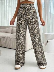 SHEIN PETITE Quần dài cạp cao dáng ôm họa tiết da báo dành cho nữ. - Rỉ Nâu - Xem 6