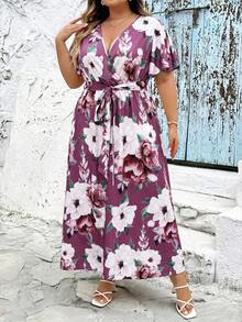 SHEIN CURVE+ Đầm dáng rộng, họa tiết hoa lớn, kiểu retro, có dây rút, phù hợp cho mùa xuân/hè, dáng đầy đặn, đi nghỉ mát, đầm xòe, đầm chống nắng cho nữ, trang phục đi biển cho nữ/đầm đi biển/trang phục đi biển/đồ cần thiết đi biển/đầm tốt nghiệp/đầm dự tiệc trà, trang phục mùa hè/đồng quê/đi biển/trang phục đi biển/đồ mặc đi biển - Màu Tím - Xem 4