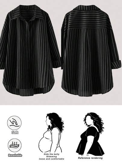 SHEIN CURVE+ Ropa de mujer talla grande, moda primaveral, casual, suelta y cómoda, básica de todos los días, de ajuste ceñido, camisa de rayas marrones extra holgada con botones, ropa de primavera, camisa de mujer, estilo sencillo, top para el trabajo