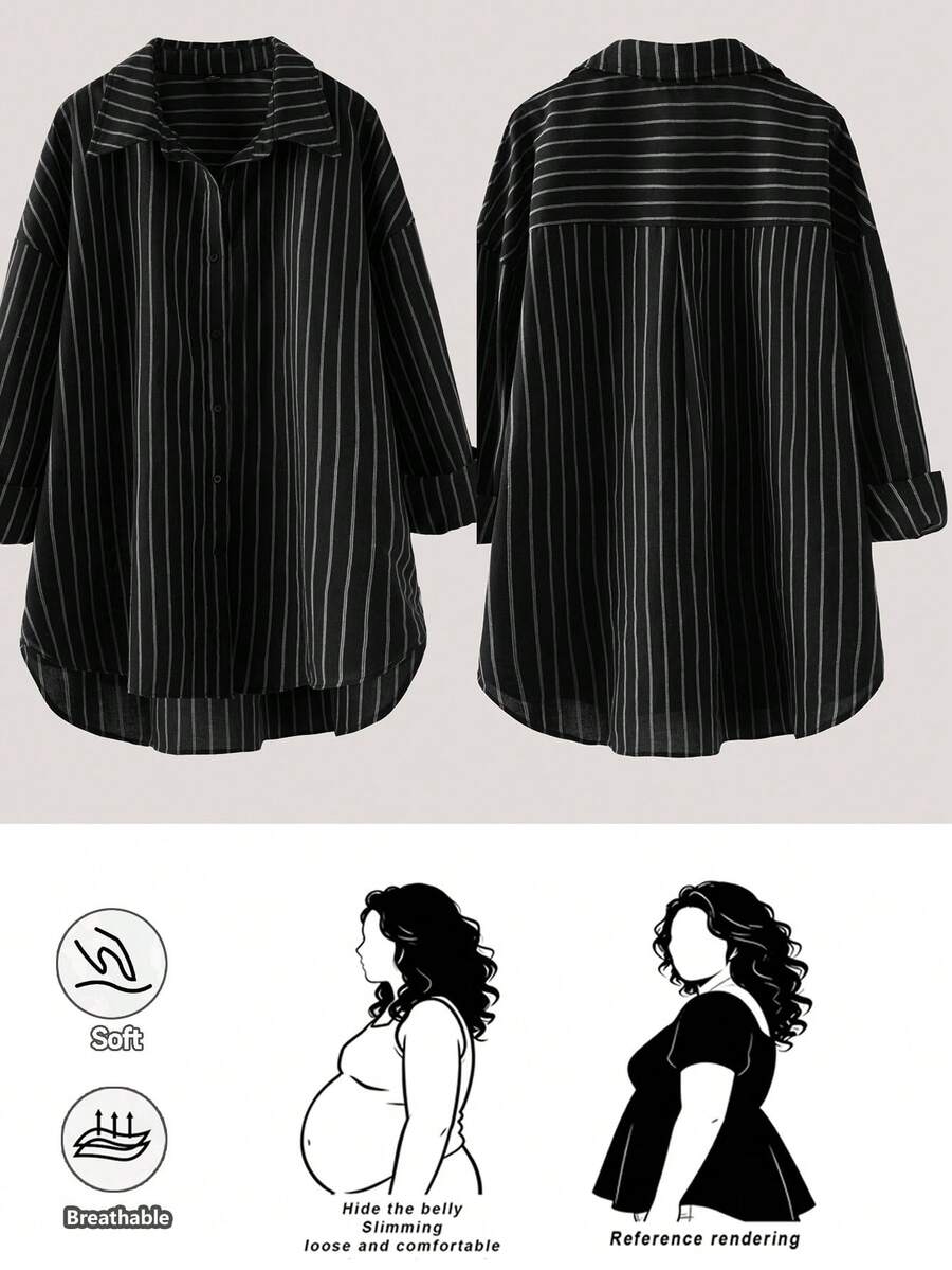 SHEIN CURVE+ Quần áo nữ cỡ lớn, thời trang mùa xuân, phong cách thường ngày, rộng rãi và thoải mái, trang phục cơ bản hàng ngày, ôm dáng, sọc nâu, áo sơ mi cài nút rộng thùng thình, trang phục mùa xuân, áo sơ mi nữ, kiểu dáng đơn giản, áo công sở - màu đen - Xem 1