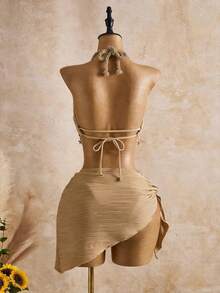 Bellisia Conjunto de tankini de traje de baño con tirantes finos, decorado con conchas marinas y estrellas de patrón de onda beige, para mujer, primavera/verano/otoño - amarillo ganso - Ver 2