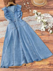 EMERY ROSE Mature Denim Women's V-Neck Button Half-Placket Ruffle Hem Casual Denim Dress - Light Wash - View 1