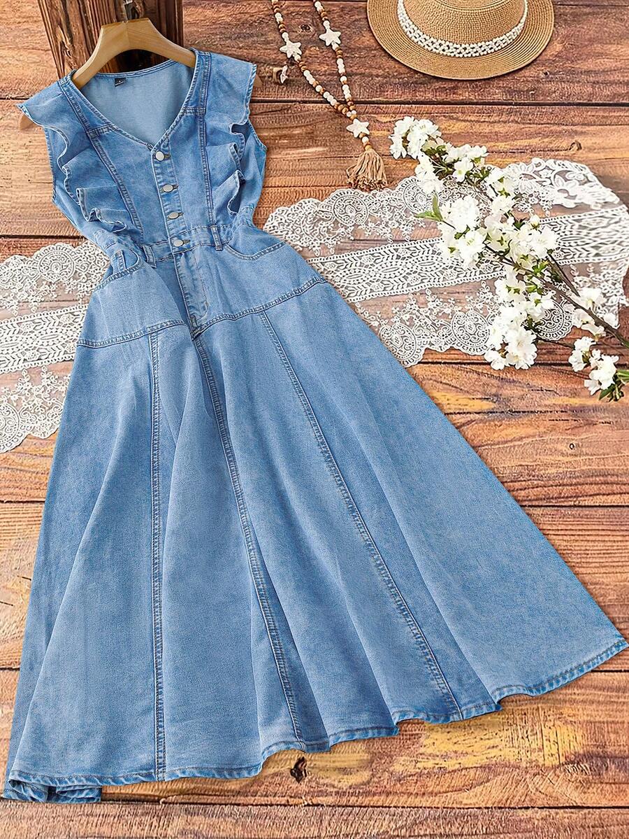 EMERY ROSE Mature Denim Women's V-Neck Button Half-Placket Ruffle Hem Casual Denim Dress - Light Wash - View 1