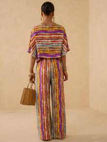 Vesra Women's Vacation Style Colorful Striped Batwing Sleeve Top + Matching Wide Leg Pants 2 Pieces Set - Multicolor - View 2