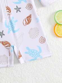 SHEIN Newborn Baby Zip-Up Rash Guard With Ocean Creature Print, Summer Beach Shorts - Multicolor - View 5