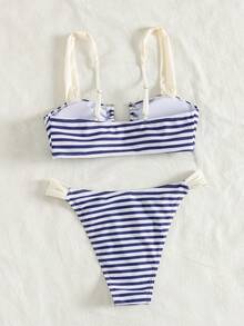 Swim Mod 女士条纹印花撞色V领金属装饰性感比基尼套装，26SS夏季简约优雅沙滩度假派对风格泳装两件套 - 彩色 - 查看 5