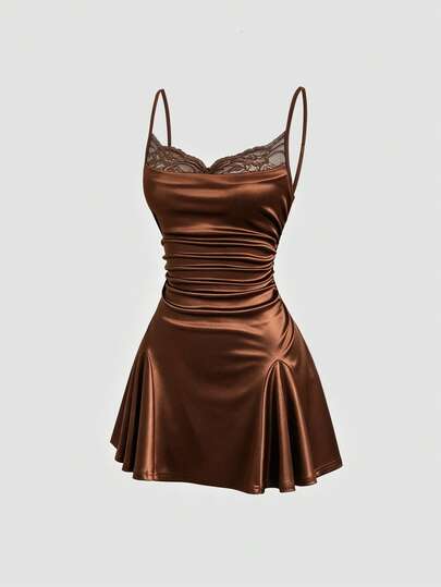 Sweetra Women's Lace Patchwork Ruffle Elegant Waist Cinched Camisole Dress, Suitable For Dates And Parties