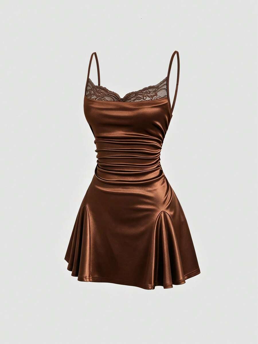 Sweetra Women's Lace Patchwork Ruffle Elegant Waist Cinched Camisole Dress, Suitable For Dates And Parties - Coffee Brown - View 1
